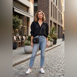 Frame Black Women’s Silk Puffer Sleeves Button Front Shirt Blouse size XL